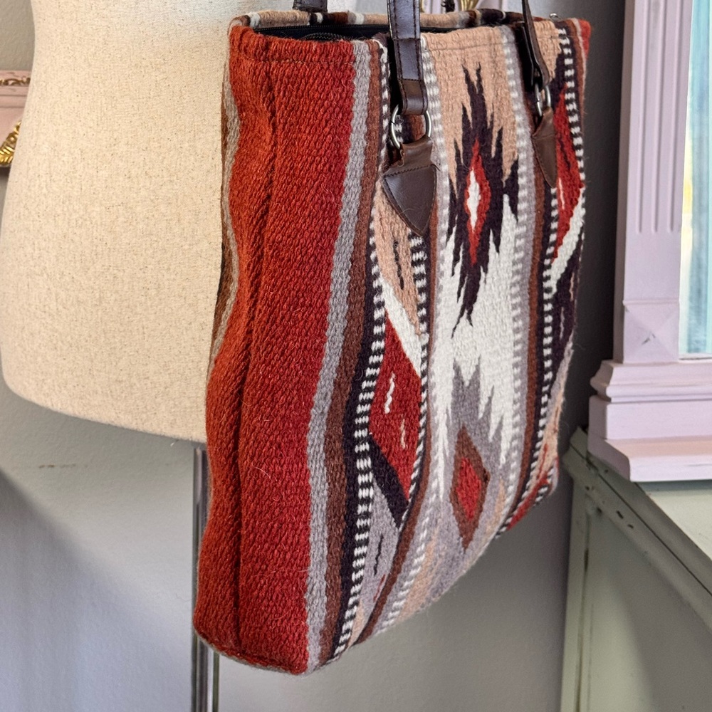 Southwest Style Carpet Bag Tote with Leather Straps - Picture 6 of 8